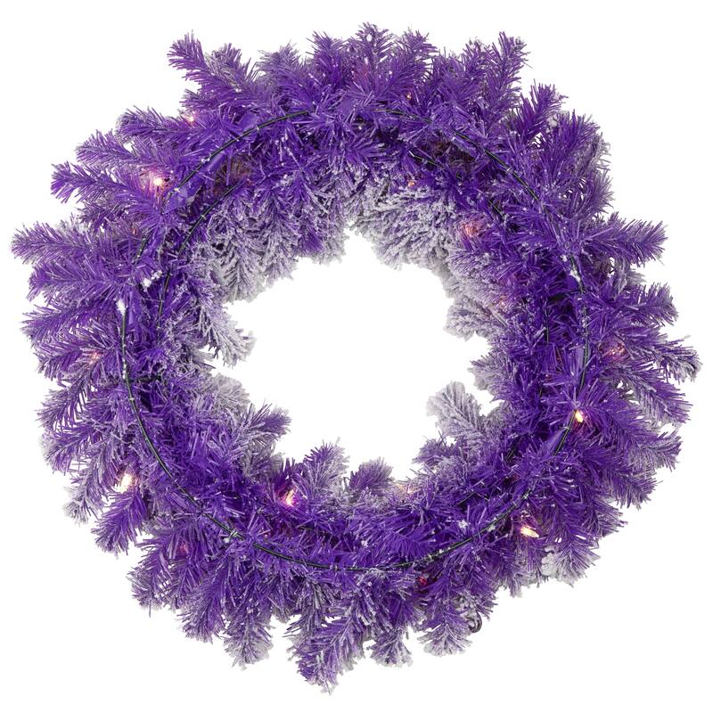 Pre-Lit Flocked Pine Artificial Christmas Wreath - 24" - Purple - Clear Lights
