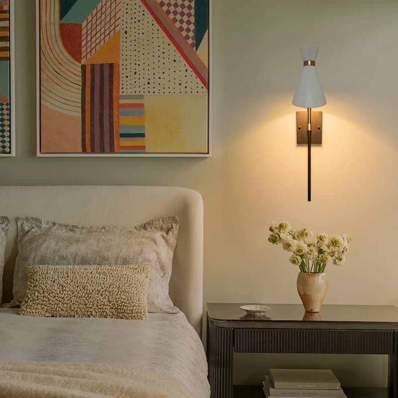 1-Light Black Indoor Wall Sconce with White Cone Metal Shade Modern