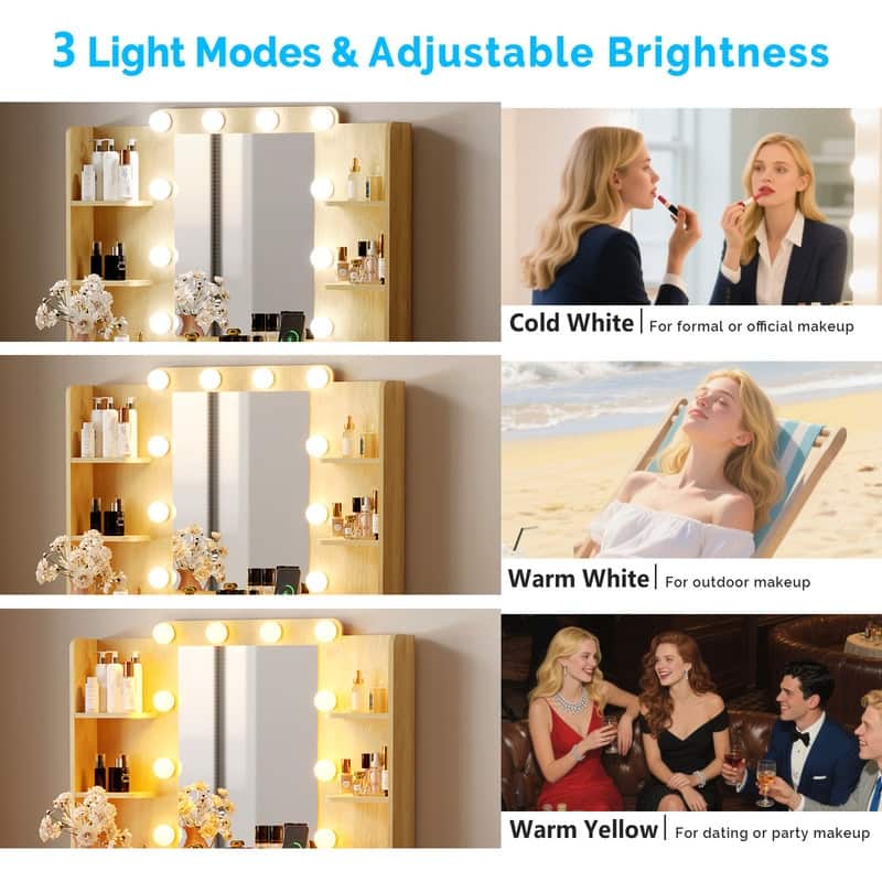 Particle Board Veneered with Textured Melamine, 2-drawer 4-Shelf, comes with 10 Three-color Dimmable Bulbs, Dressing Table Set