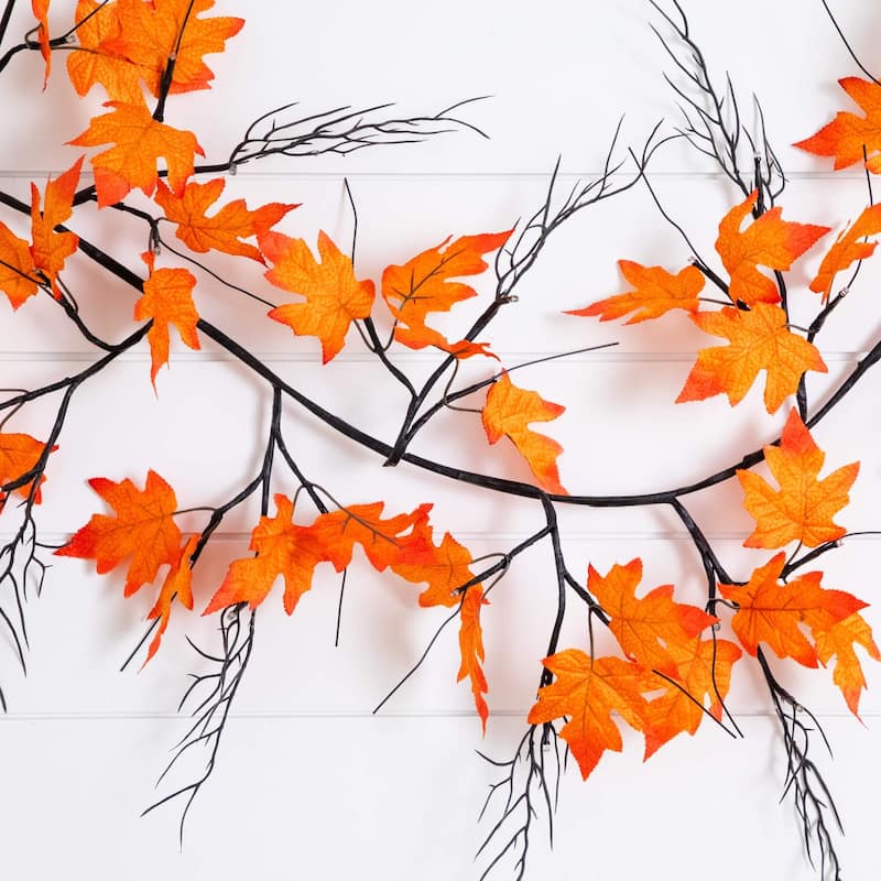 Pre-Lit Artificial Maple Leaf Fall Harvest Garlands - 6' - White LED Lights