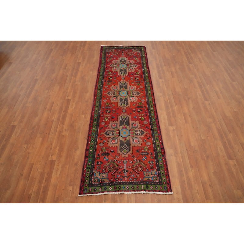 Hand Knotted Oriental 100% Wool Carpet Traditional Geometric Oranges & Rust Heriz Runner Rug - 9' 8'' X 3' 2''
