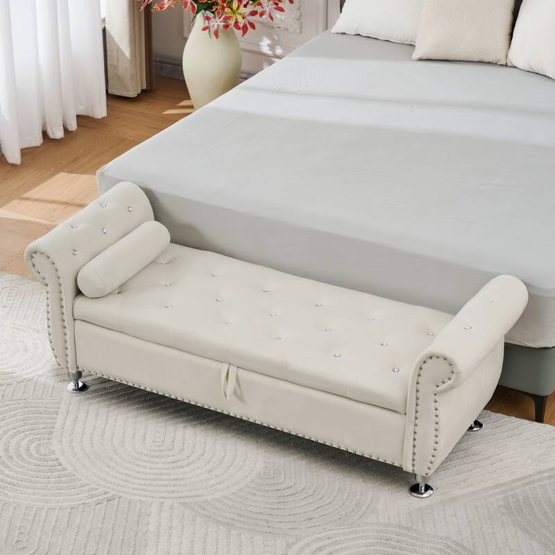 Velvet Storage Bench End of Bed Bench with Crystal Buttons, Vanity Bench Beige Leisure Bench Accent Bench with 1 Pillow