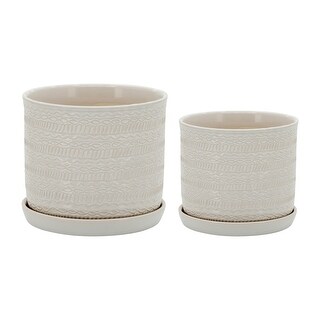 Set of 2  Tribal Planter with Saucer  6, 8", White 8"H - 8.0" x 8.0" x 8.0"