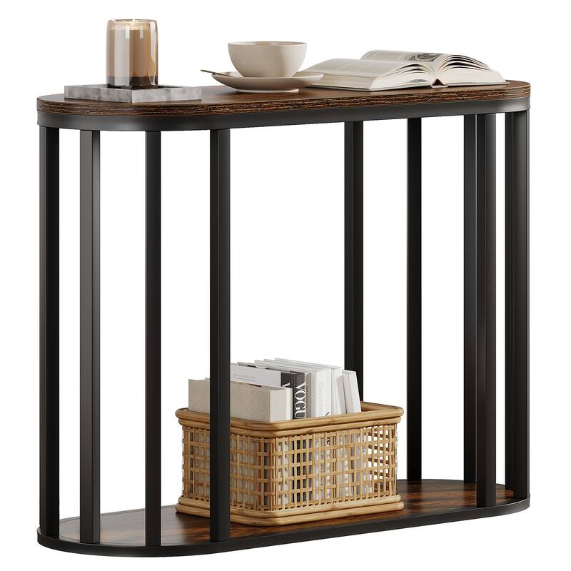 Narrow End Table with Storage, 2-Tier Industrial Side Table