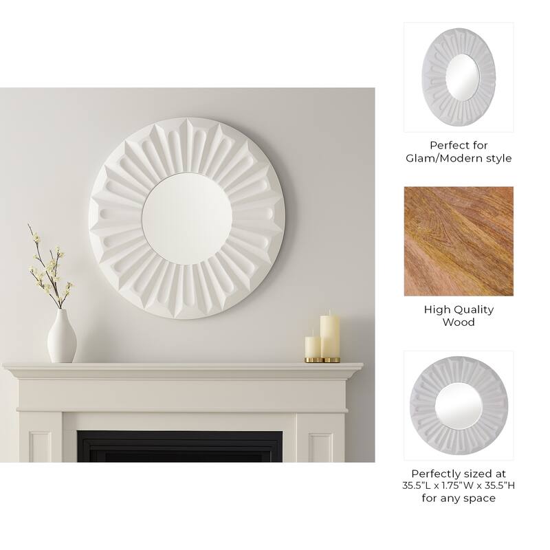 Modern Round Wall Mirror - Sculptured Carved Wood Frame - 36", Ivory - 35.5"