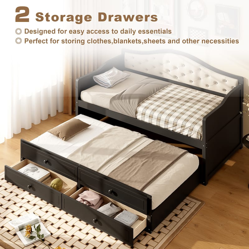 Twin Daybed with Trundle, Twin Size Daybed with 2 Storage Drawers, Wooden Sofa Bed with Upholstered Button Tufted Backrest