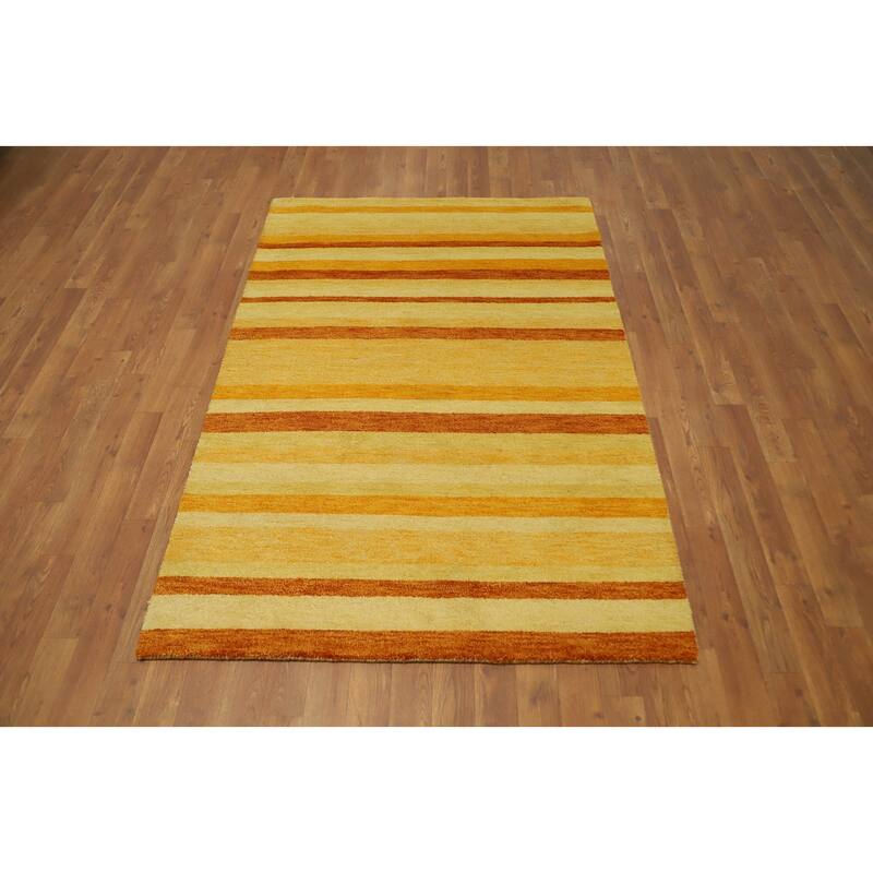 Hand Knotted Oriental 100% Wool Carpet Modern Stripe Yellow & Gold Gabbeh Area Rug - 5' 9'' X 3' 10''