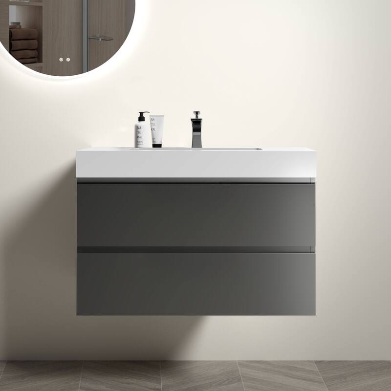 36"Bathroom Vanity with Sink,Storage Wall Mounted Floating Bathroom Vanity,One-Piece Black Sink Basin without Drain and Faucet - White