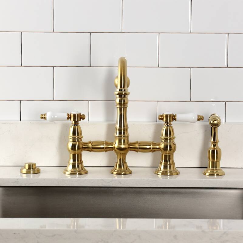 Kingston Brass Bel-Air Two-Handle 4-Hole Deck Mount Bridge Kitchen Faucet with Brass Side Sprayer