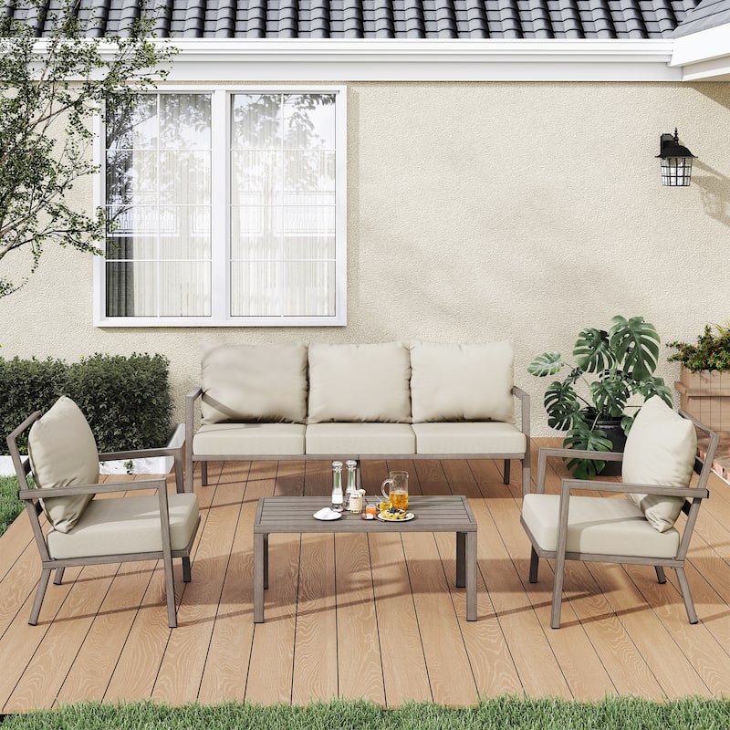 MornLift 4-Piece Aluminum Outdoor Patio Conversation Set with Beige Cushions, Sofa and Coffee Table