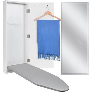 Ivation Wall-Mounted Ironing Board Cabinet, Foldable Storage Station, Easy-Release Lever, Garment Hooks, Full Mirror Door, White