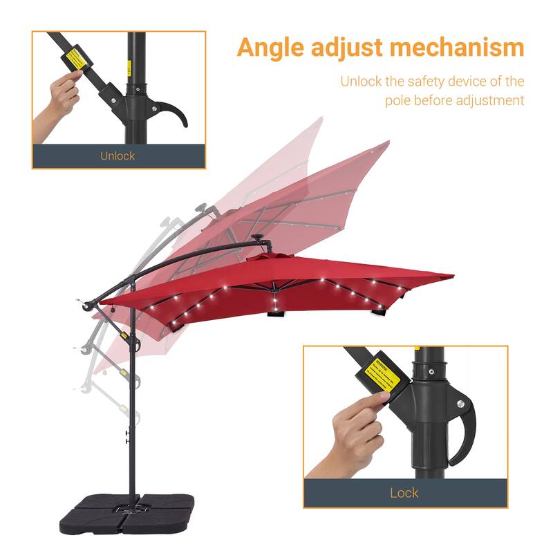 LIVOOSUN Solar Powered 8.2ft LED Patio Offset Umbrella With Base