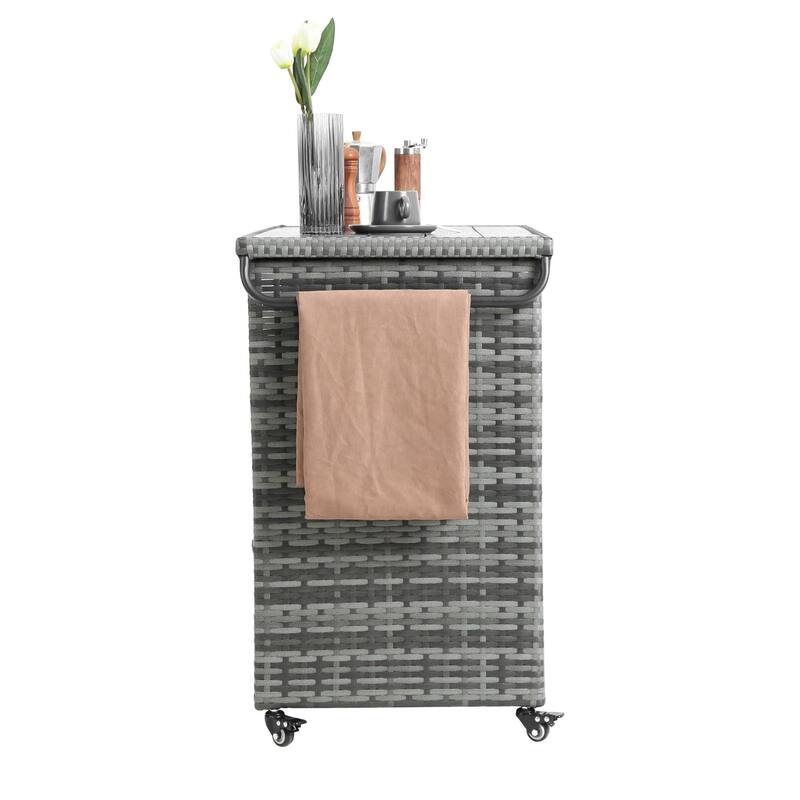 Outdoor Wicker Bar Cart,Patio Wine Serving Cart Wheels,Rolling Rattan Beverage Bar Counter Table Glass Top