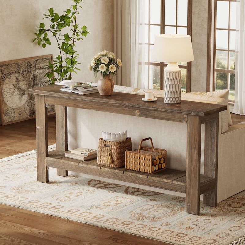 Wood Console Table with 2-Tier Storage Shelves, 63-Inch Farmhouse Sofa Table