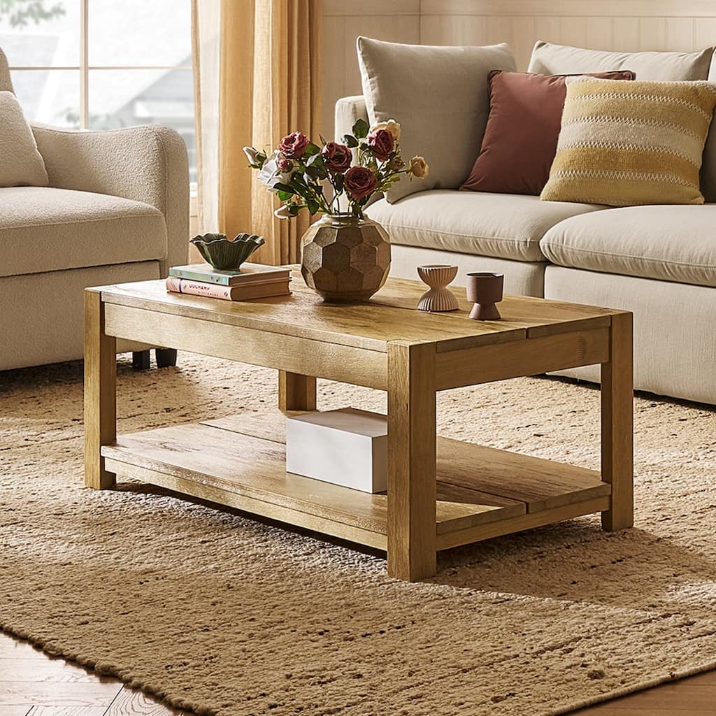 Mopio Logan Solid Wood 2-Tier Coffee Table, Modern Farmhouse Solid Rubberwood with light wire brush L Shaped Leg Joint