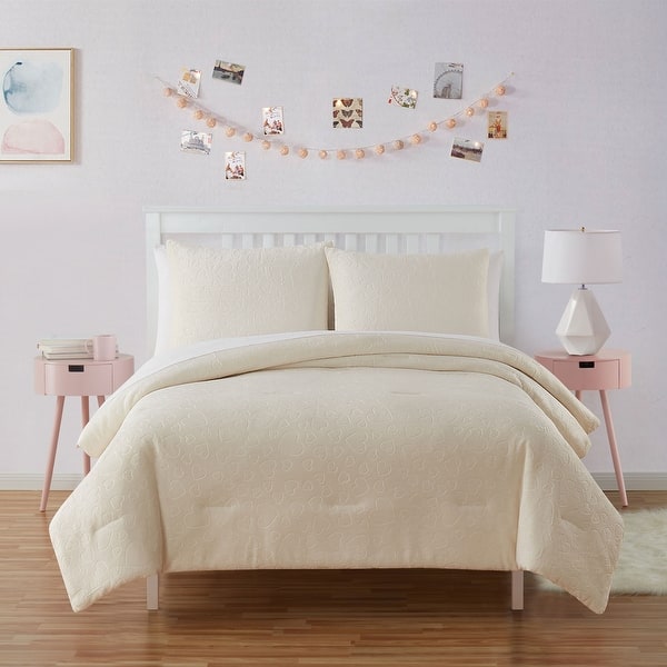 slide 2 of 3, Olivia & Finn Plush Embossed Hearts Flannel Plush Microfiber Kids Comforter Set, White