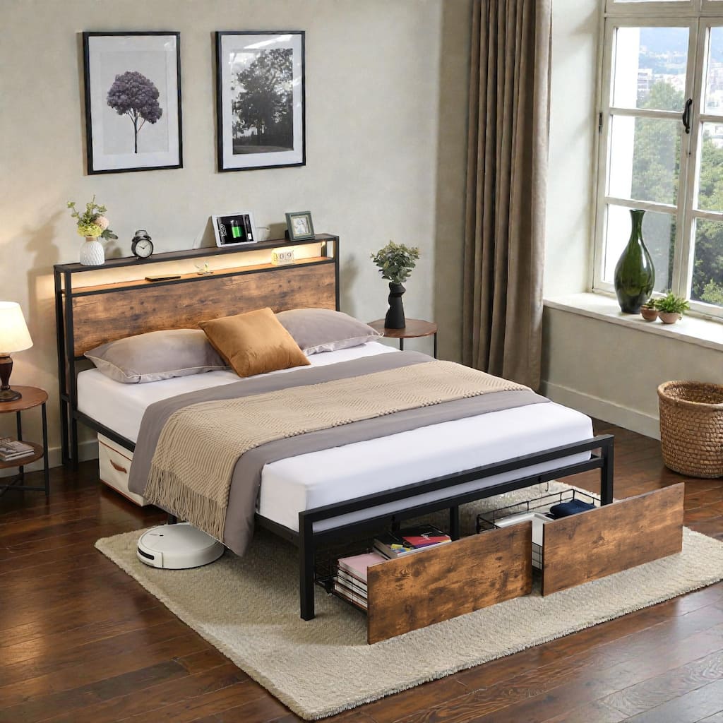 Full/Queen Metal Platform Bed Frame with LED Headboard, Storage Shelf, Charging Station, 2 Drawers, No Box Spring Needed