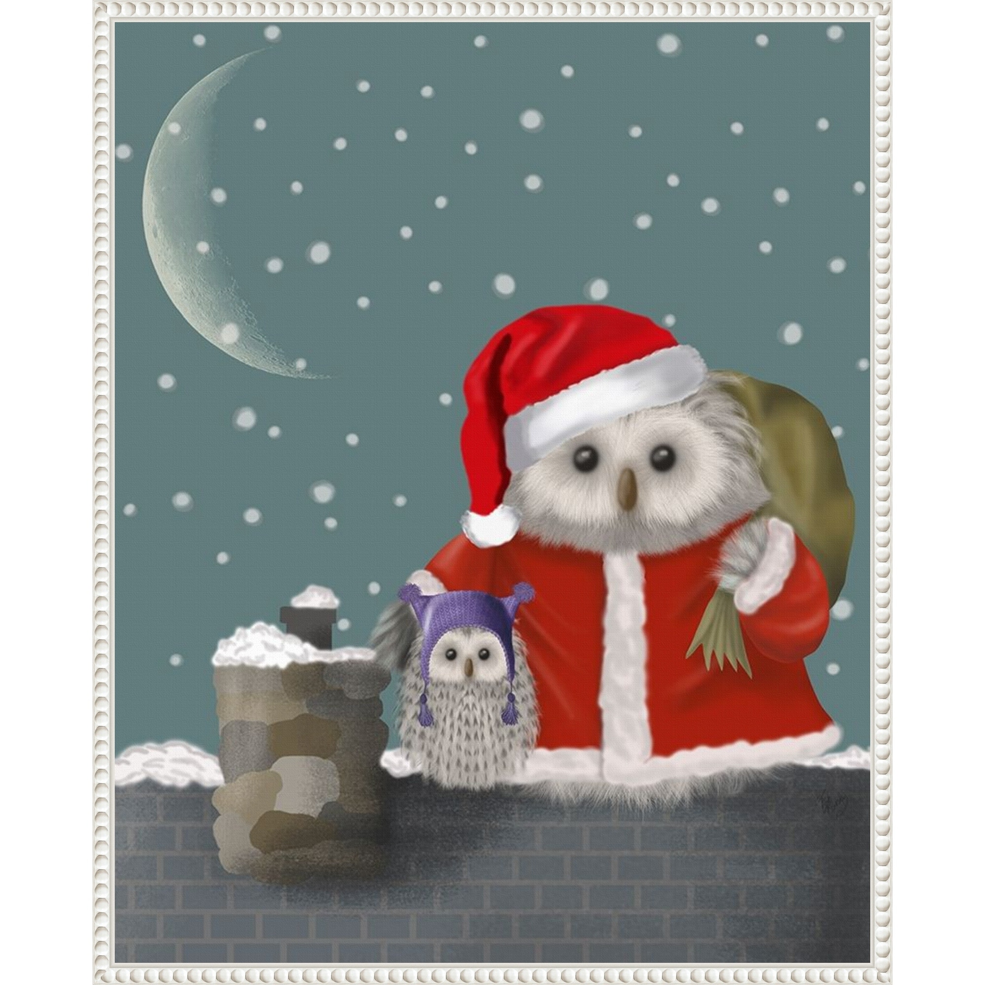 Christmas Santa Owl by Fab Funky (23 x 28 in.), Framed Canvas Wall Art Print - Sylvie Beaded White