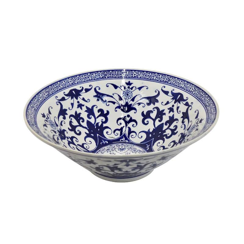 Cherry 16 Inch Decorative Bowl, Ceramic, Floral Design, Blue and White - Blue, White
