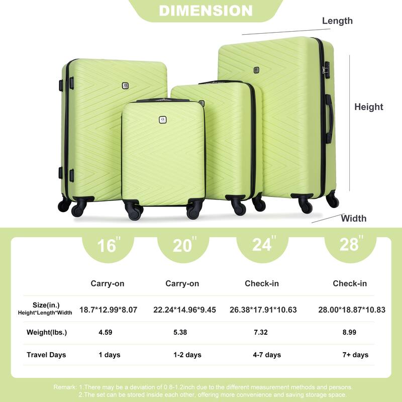 ABS 4-Piece Luggage Set with TSA Lock, Rotating Spinner Wheels, 16", 20", 24", 28" Suitcases for Travel