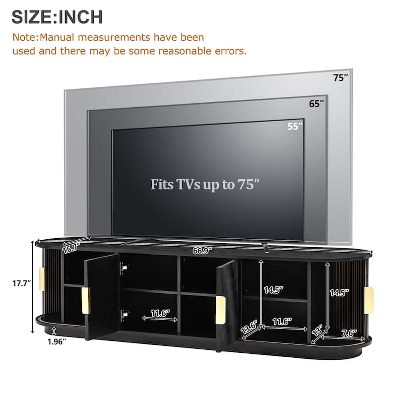 66.9'' Farmhouse TV Stand for 75'' TV, Wooden Media Console with Sliding Tambour Doors & Adjustable Shelves