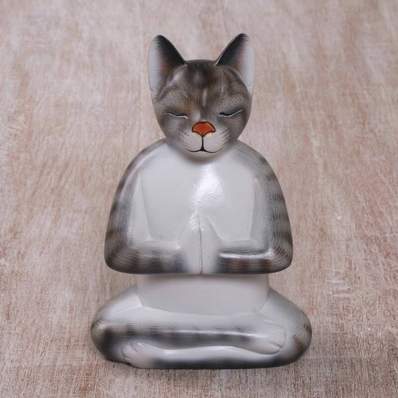 Novica Handmade Grey Cat In Deep Meditation Wood Sculpture
