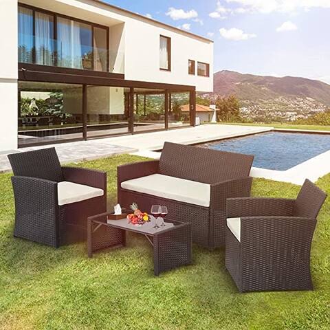 GDY 4 PCS Outdoor Sofa Sets Rattan Wicker Sofa Chairs With Removable Cushions