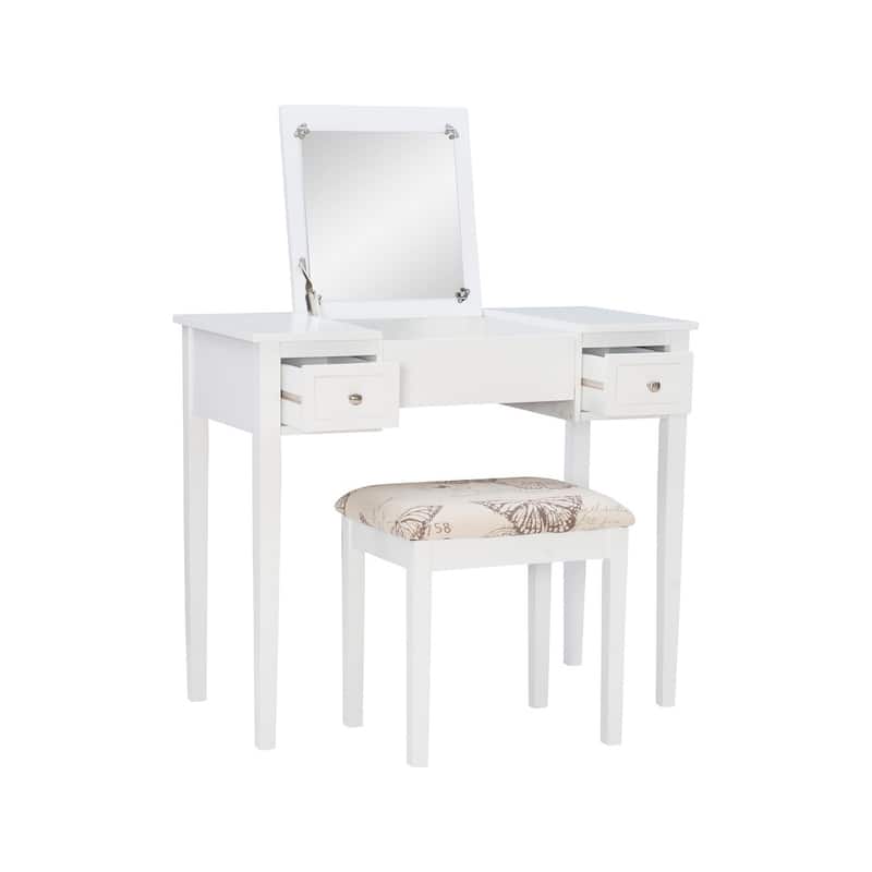 Linon Alcea White Vanity Table with Mirror & Stool