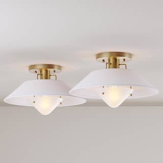 Artisan Mid-Century Modern Flush Mount Ceiling Light Fixture with Brass Accent, Line Shade, and Frosted Glass Diffuser