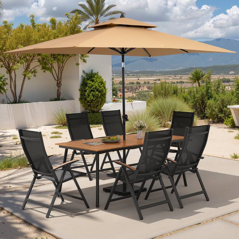 9PC Outdoor Patio Dining Set Aluminum Table with Folding Armchairs w/ Premium Market Umbrella Sets - BrownTable&BlackChairs&TanUmbrella