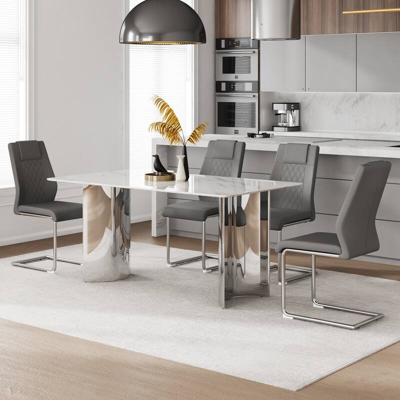 Kitchen Rectangle Dining Table Set for 4, 63" Faux Marble Glass Table with Stainless Steel Legs and PU Upholstered Chairs - Dark Gray,Silver