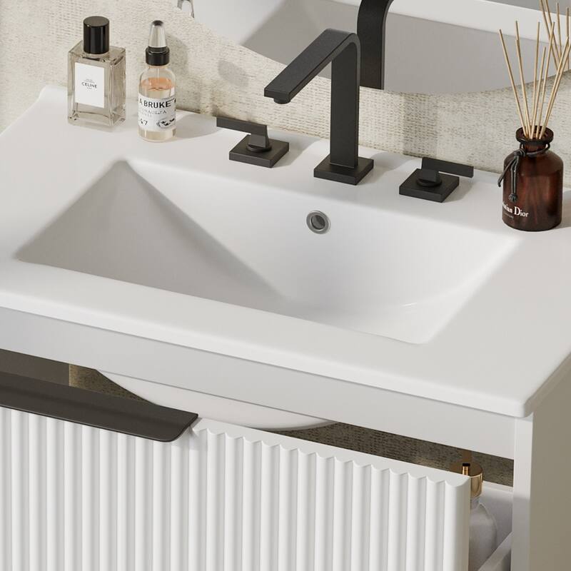 Fluted Bathroom Vanity with Ceramic Sink, Freestanding Vanities Set, Bathroom Storage Cabinet with Full-Extension Drawers