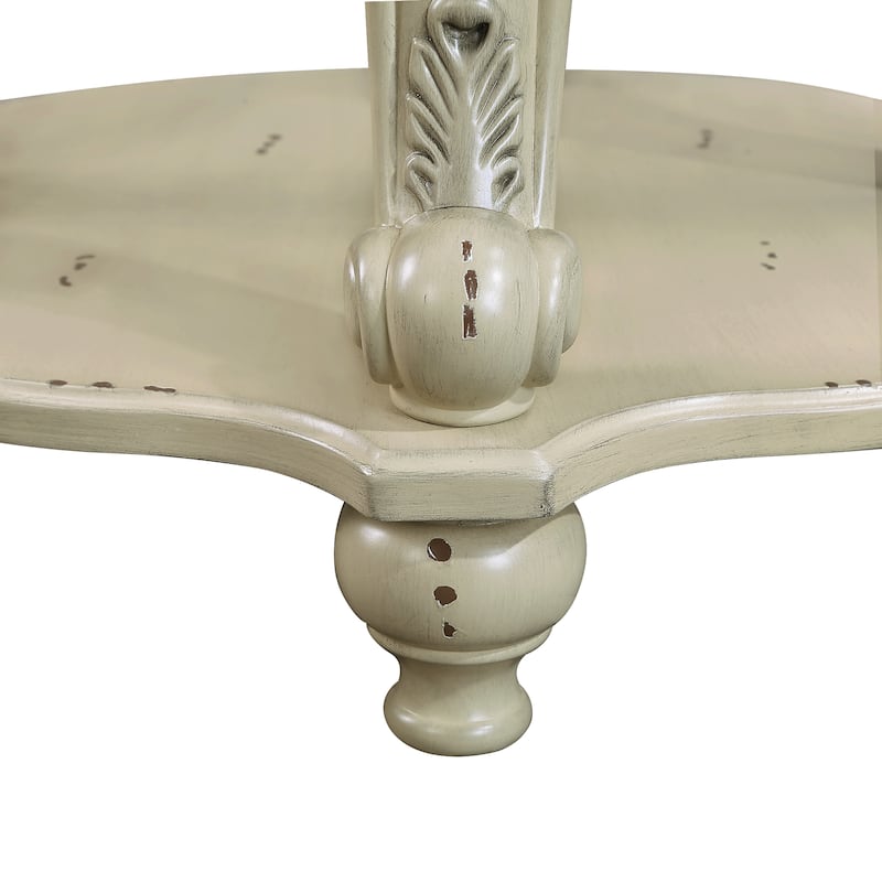 Round Sofa End Table 2-Tier Side Table with Lower Open Storage Shelf, Antique Floral Carvings and Solid Wood Cabriole Legs