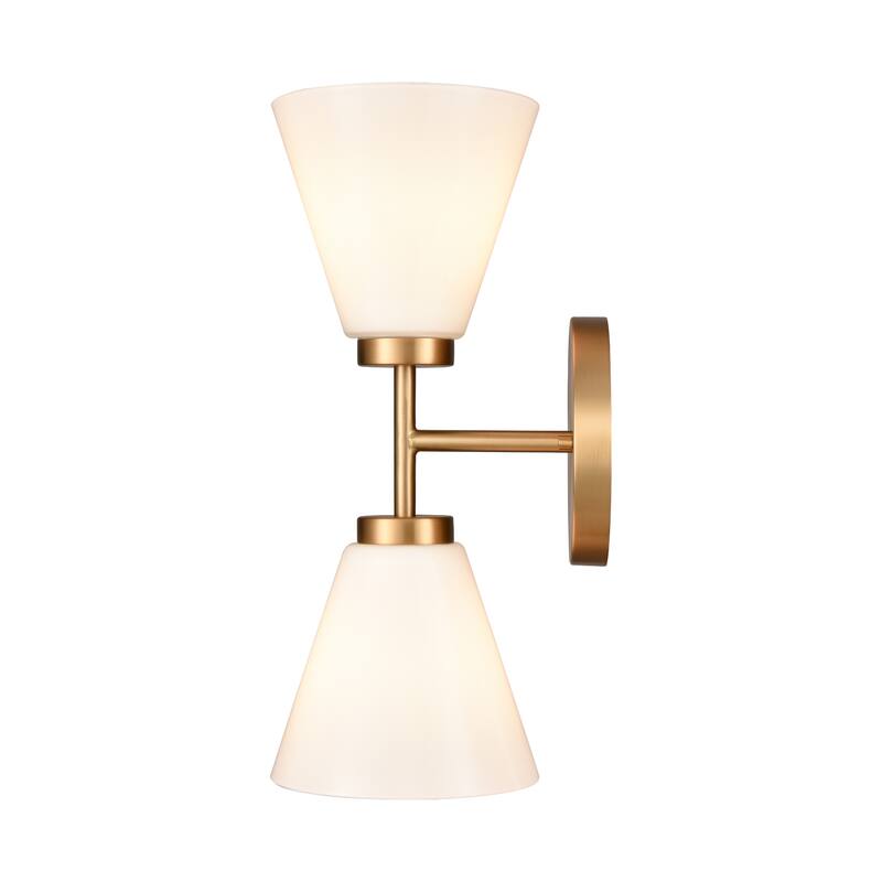 2-Light Vanity Light with Twin Frosted Shade - 15" - Brushed Gold and White