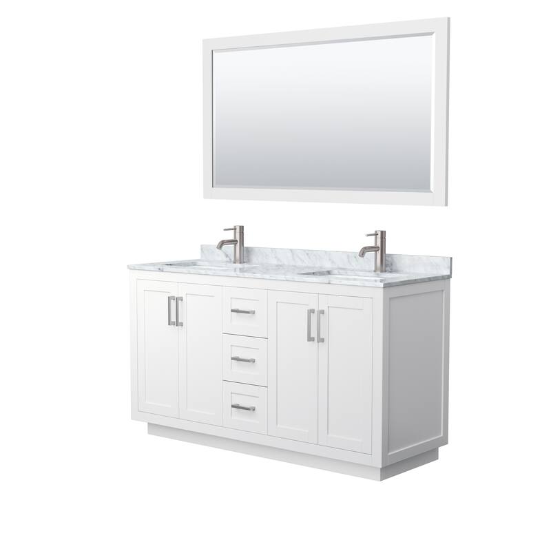 Miranda Bathroom Vanity Set, White Carrara Marble Top, 58-Inch Mirror - 60-Inch Double - White, Nickel Trim, White Carrara Marble Top