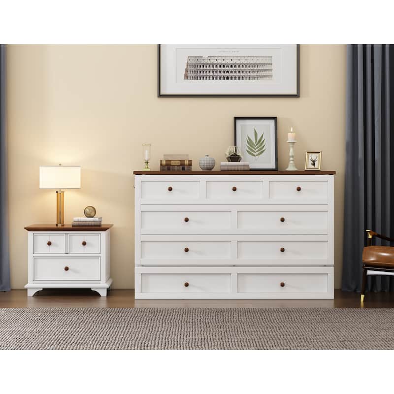 2 Pieces Bedroom Set, Full/Queen Size Murphy Bed and Nightstand, Foldable Cabinet Bed Wall Bed with Storage Drawers for Bedroom