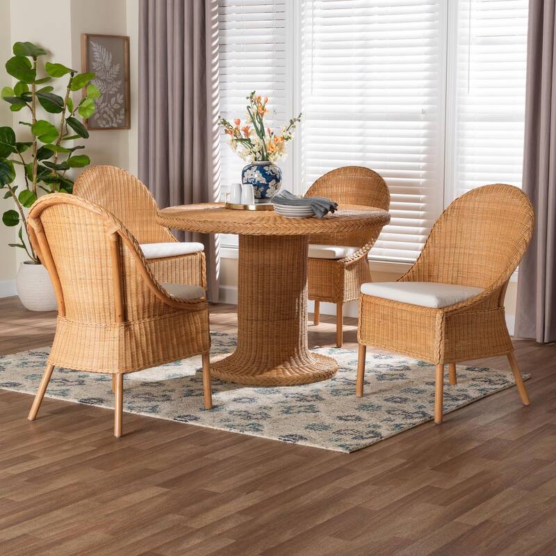 Willy 5-Piece Rattan Dining Set - Round Wicker Table with Pedestal Base and 4 Side Chairs, Handwoven Boho Coastal Style