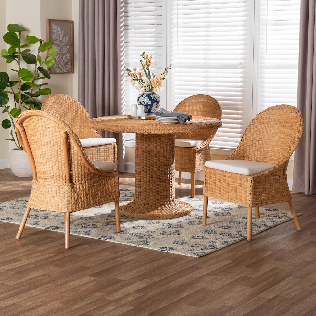 Willy 5-Piece Rattan Dining Set - Round Wicker Table with Pedestal Base and 4 Side Chairs, Handwoven Boho Coastal Style