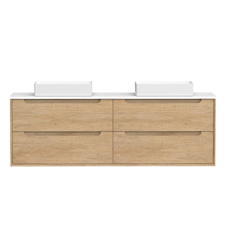 72" Solid Wood Bathroom Vanity with White Quartz Countertop Ceramic Vessel Sink - Square Sink