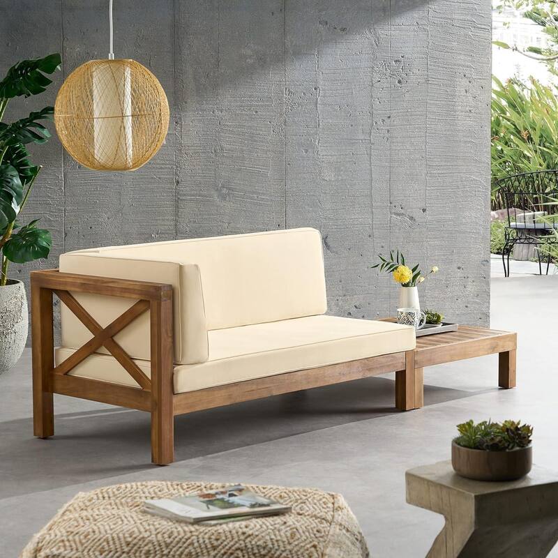 Roomfitters X-Back Corner Bench with Coffee Table, Outdoor Wooden Patio Sofa with Cushions for Garden or Porch - Beige