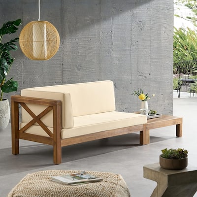 Roomfitters X-Back Corner Bench with Coffee Table, Outdoor Wooden Patio Sofa with Cushions for Garden or Porch