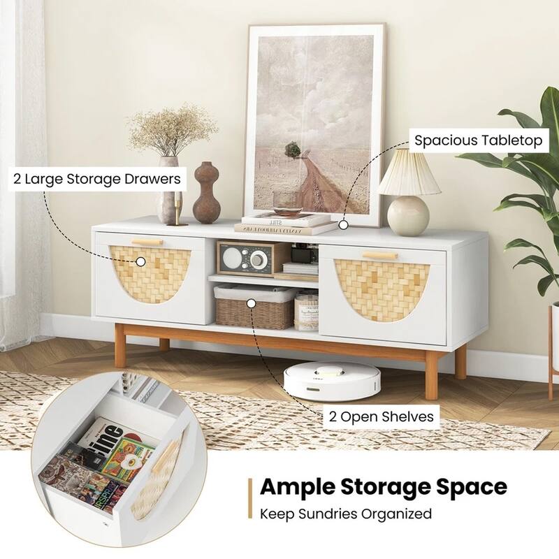TV Stand for 55-Inch TVs with 2 Drawers & Bamboo Woven Fronts - 47 inches in width