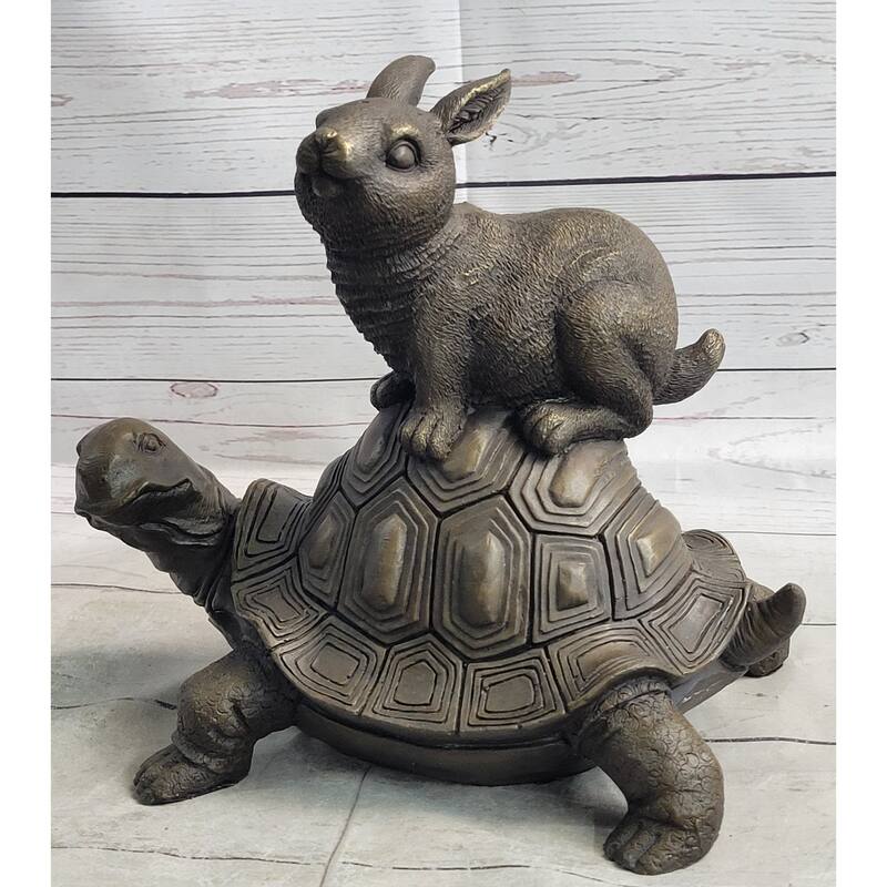 Tortoise And The Hare Aesop Fable Bronze Sculpture Figurine Statue Collectible Decor Signed Original Art