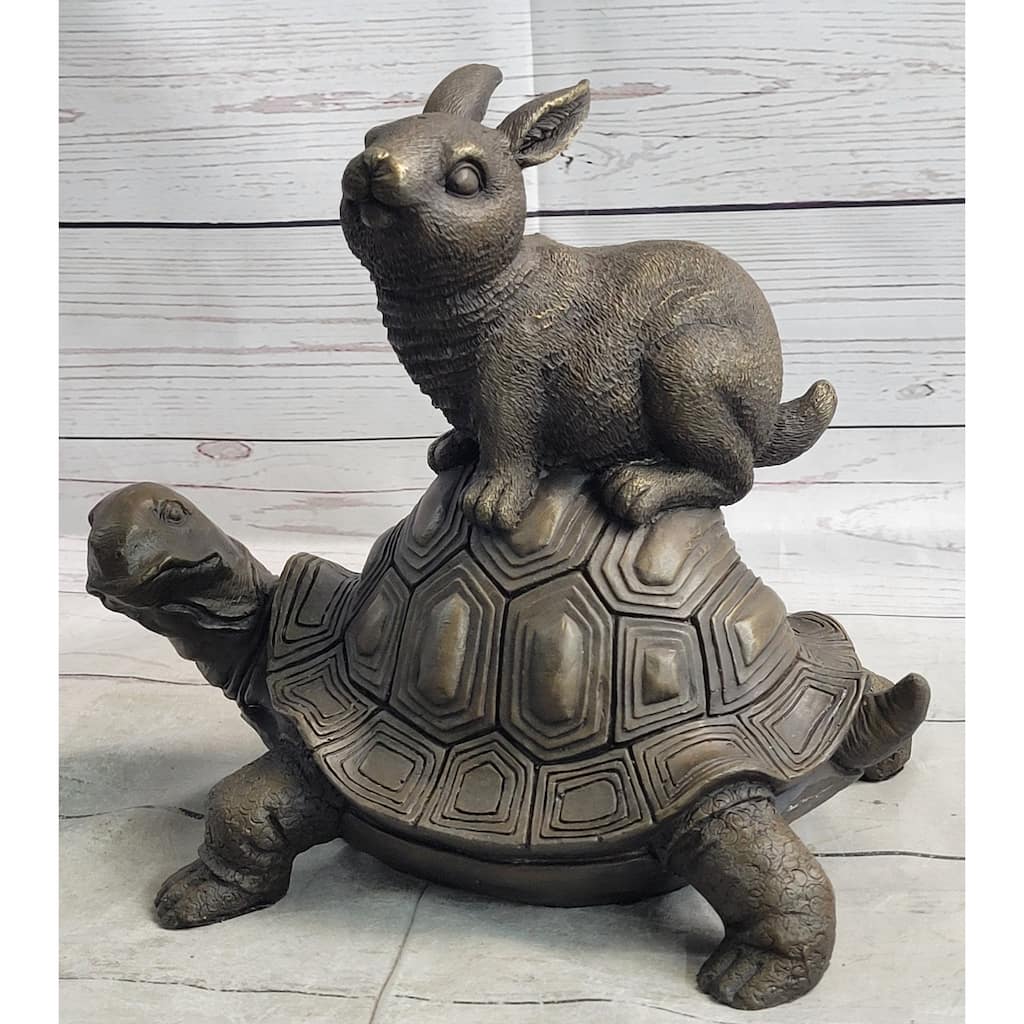 Tortoise And The Hare Aesop Fable Bronze Sculpture Figurine Statue Collectible Decor Signed Original Art