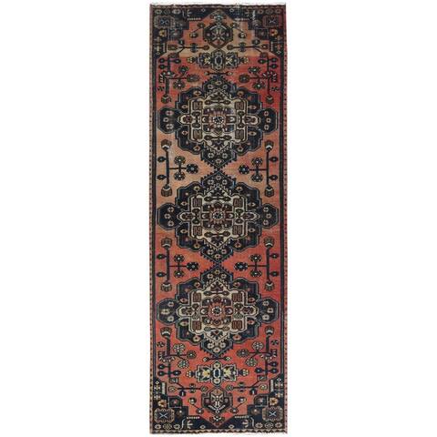 Hand Knotted Red Overdyed & Vintage with Worn Wool Oriental Rug (3'1" x 9'6") - 3'1" x 9'6"