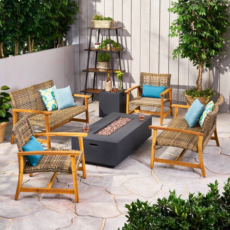 Augusta Outdoor Acacia Wood and Wicker 6 Seater Chat Set with Fire Pit by Christopher Knight Home