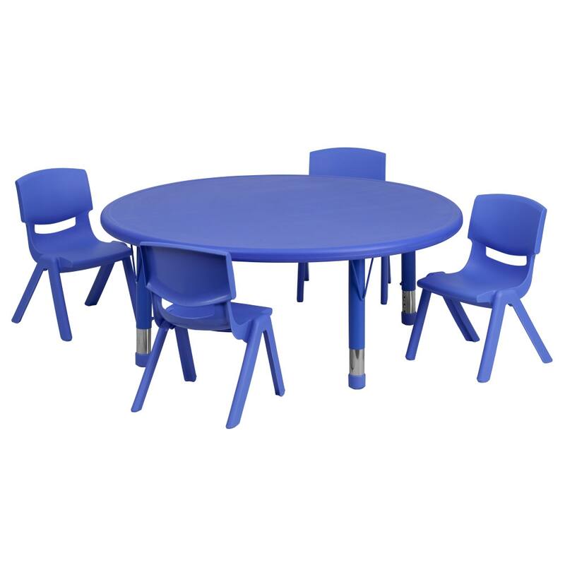 45" Round Plastic Height Adjustable Activity Table Set with 2 or 4 Chairs - 4 chairs - Blue