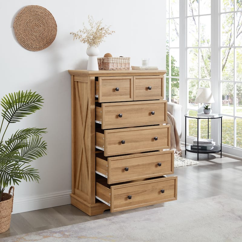 Oak 6 Drawer Dresser, Tall Chest of Drawers with Modern Metal Handles