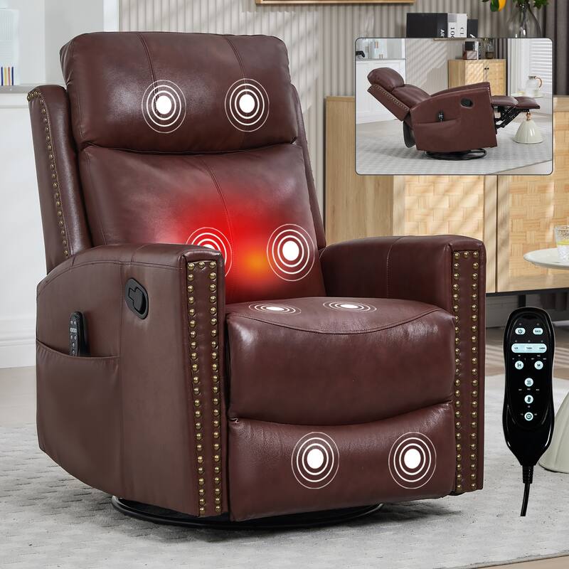 Genuine Leather Heat Massage Manual Recliner Chair with Rocker & Swivel - Wine Red