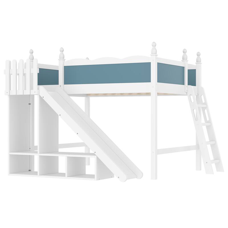 Fun Play Loft Bed for Kids with Open Shelves and Wardrobe, Solid Wood Storage Bed Frame with with Detachable Slide and Ladder